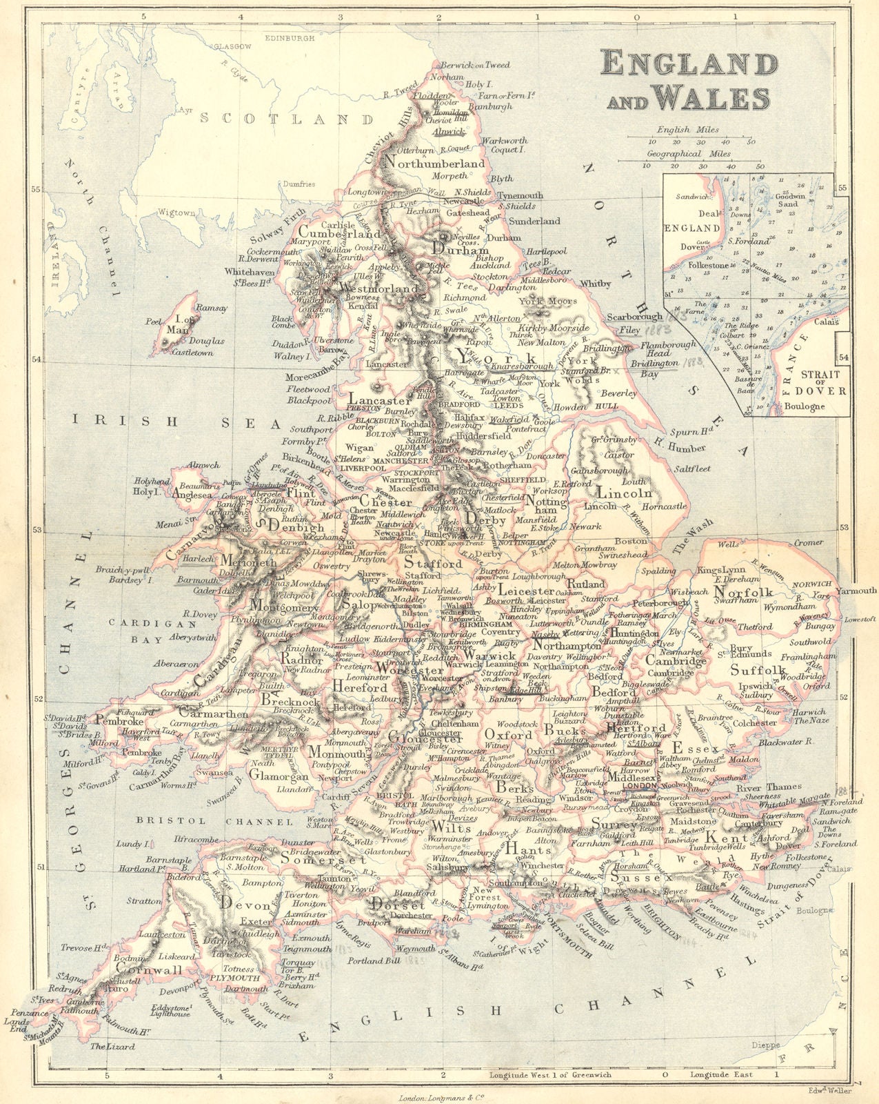 ENGLAND WALES. Longman Weller Dover Straits 1882 old antique map plan chart